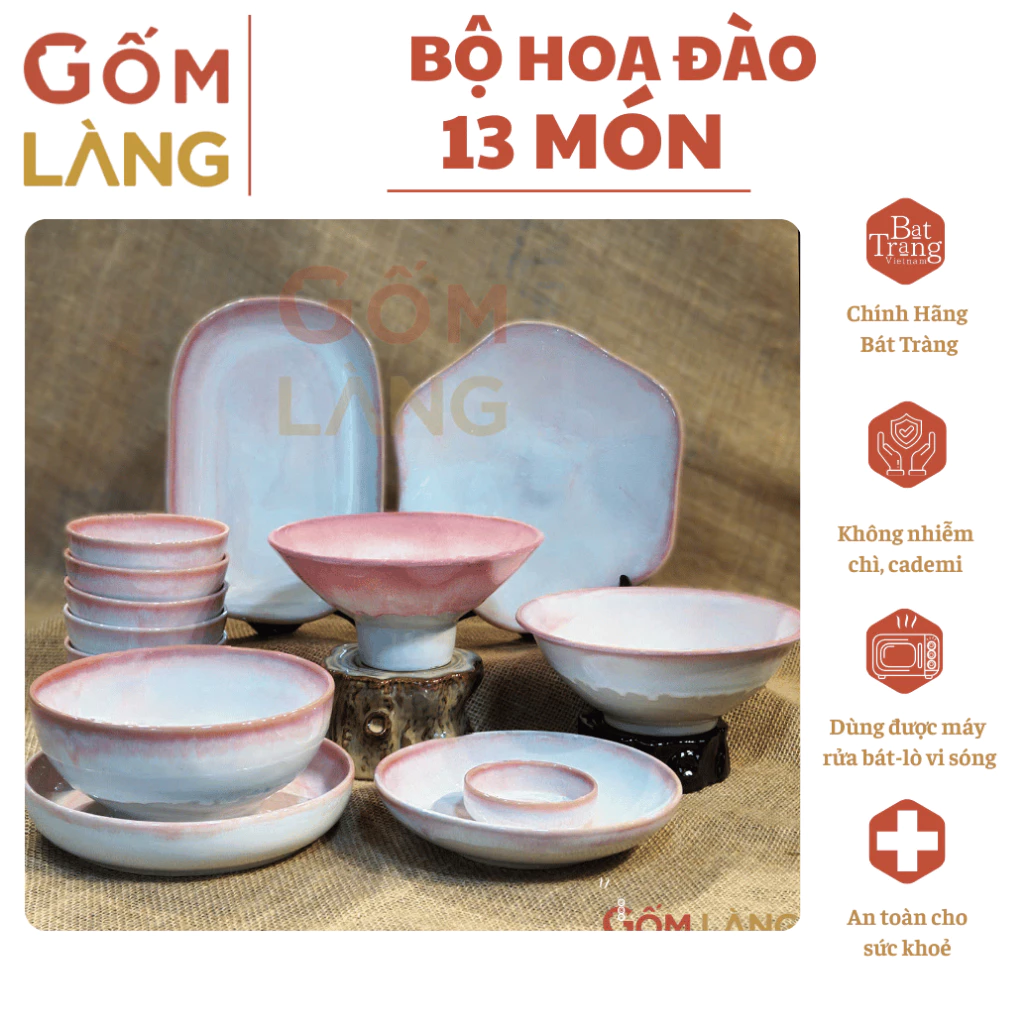 Bộ Bát Đĩa Bát Tràng Hoa Đào Men Hỏa Biến 13 Món Gốm Làng