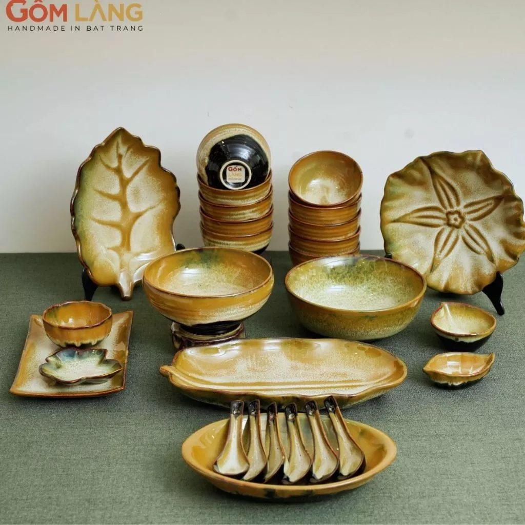 Bộ Bát Đĩa Bát Tràng Men Hỏa Biến Ngọc Trai Gốm Làng 27 Món