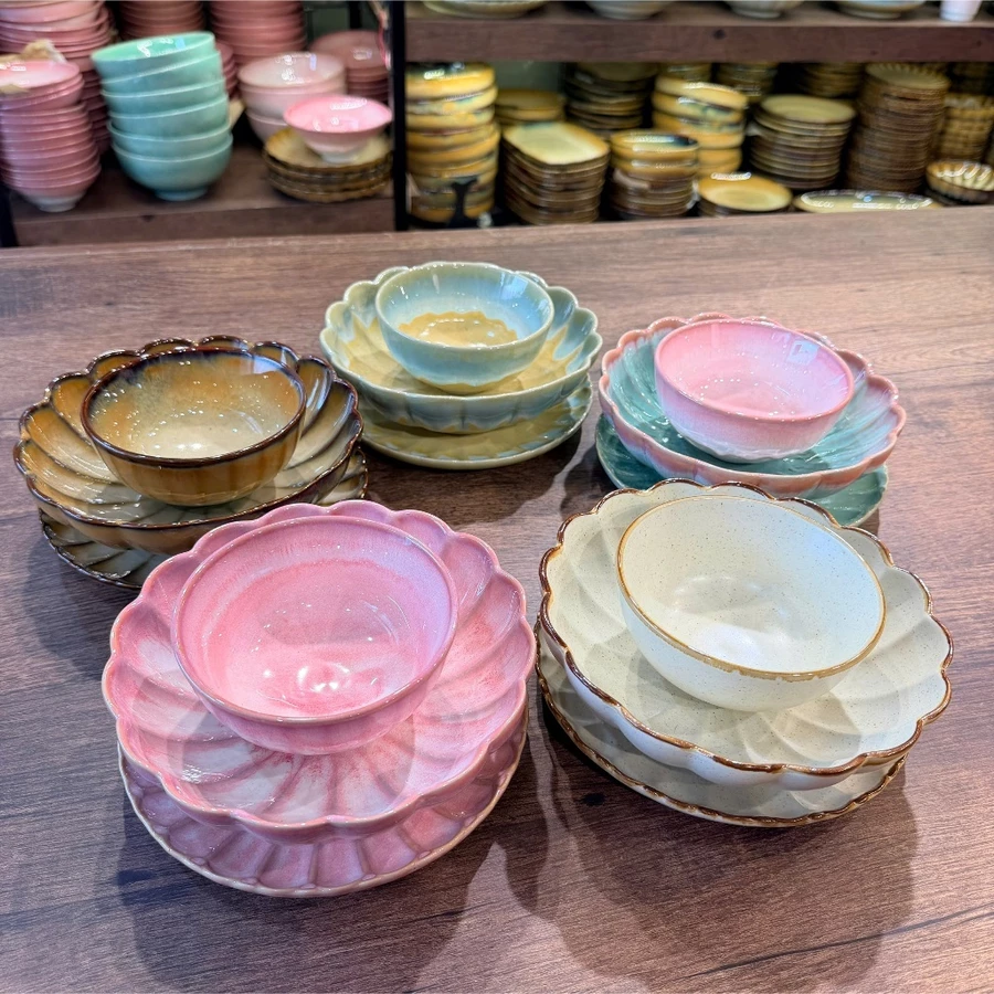 Set Tắc Kè Hoa 4 Món Gốm Bát Tràng Bộ Bát Đĩa Gốm Sứ Nhiều Màu Set Đồ Ăn Lẻ Gốm Làng